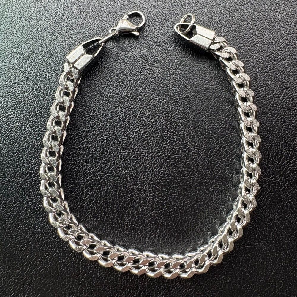 8" 5mm Double Cuban Link Bracelet Silver Stainless Steel Franco Curb Men Jewelry